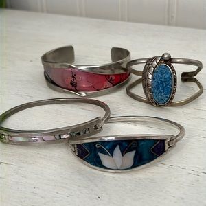 Lot Silver & Silver tone Alpaca cuff & hinged bracelets
